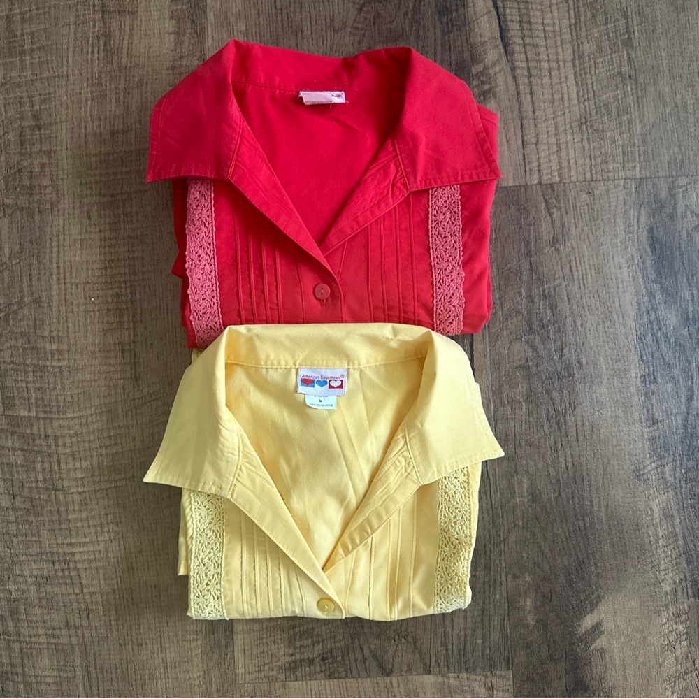 70’s style vintage button up blouse Solid Red Solid Yellow 2 tops same style M